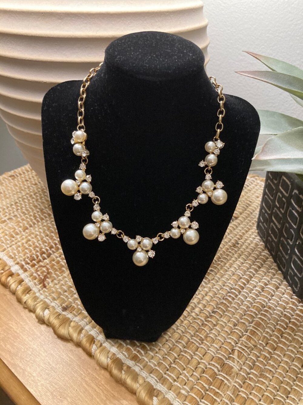 Pearl & Rhinestone Gold Choker Style Adjustable Necklace